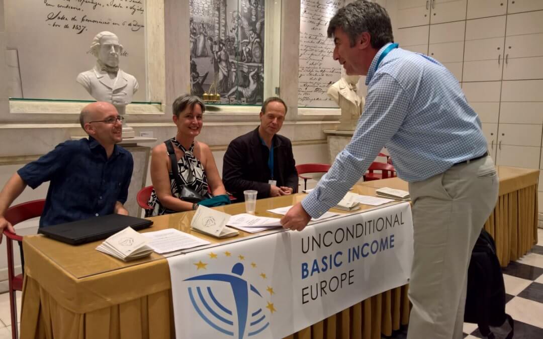 UBIE stand at the 2017 BIEN Congress in Lisbon with Dániel Fehér, Barb Jacobson and Ulrich Schachtschneider